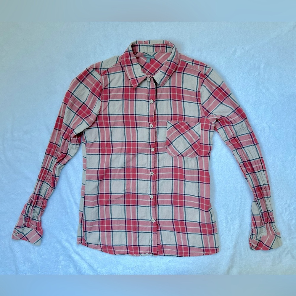 Charlotte Russe Plaid Long Sleeve Collared Button Down Shirt Pink/Cream - Small